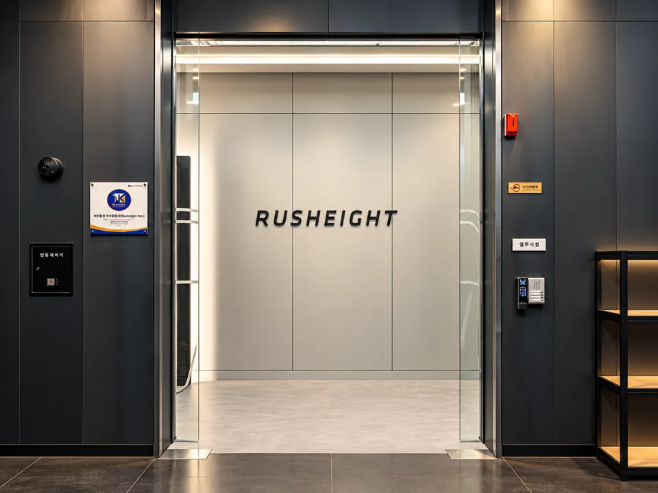 회색 패널 벽 사이로 유리문 너머 ‘RUSHEIGHT’ 로고 벽이 보이는 2층 입구